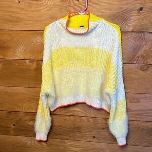 Free People Striped Knit Cropped Sweater Orange Trim Fuzzy Sleeves Small feather